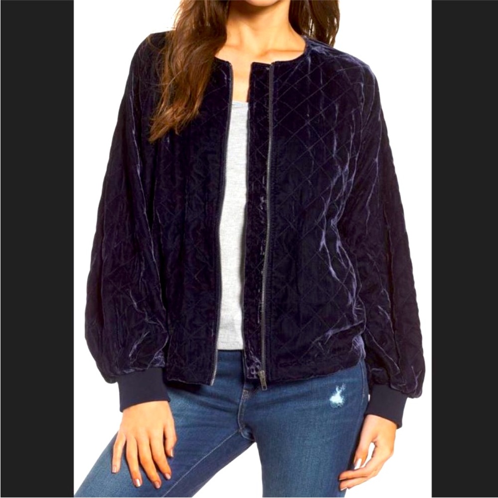Hinge Velvet Quilted Midnight Blue Bomber Jacket Medium Relaxed